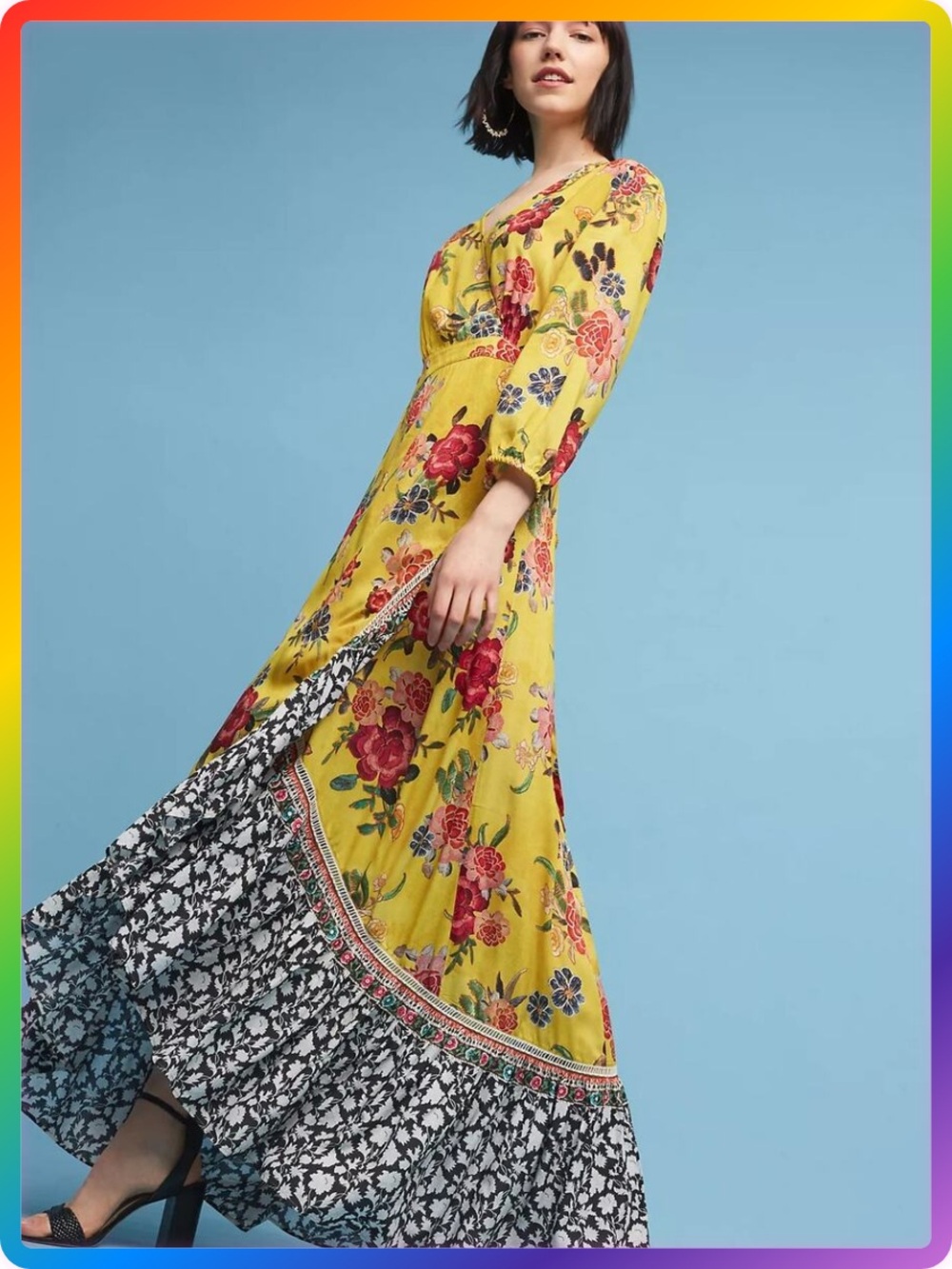 Farm Rio Sunlit Floral Maxi Wrap Dress SIZE M Yellow Black Print Flounced Hem